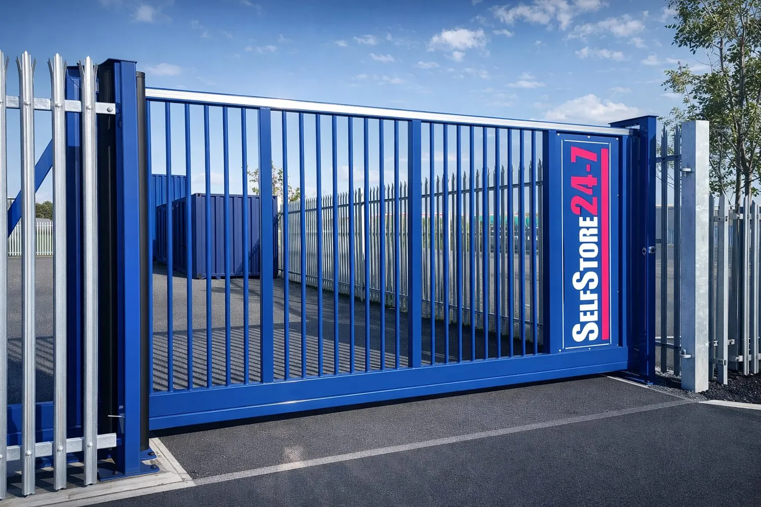 Blue automated gate for self storage